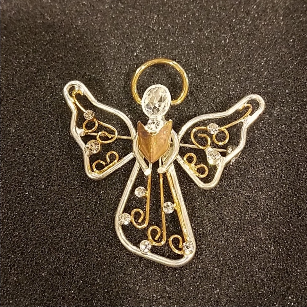 Angel Pin with Singing / Choir Girl in Silver and Gold Tone w/Crystal accents